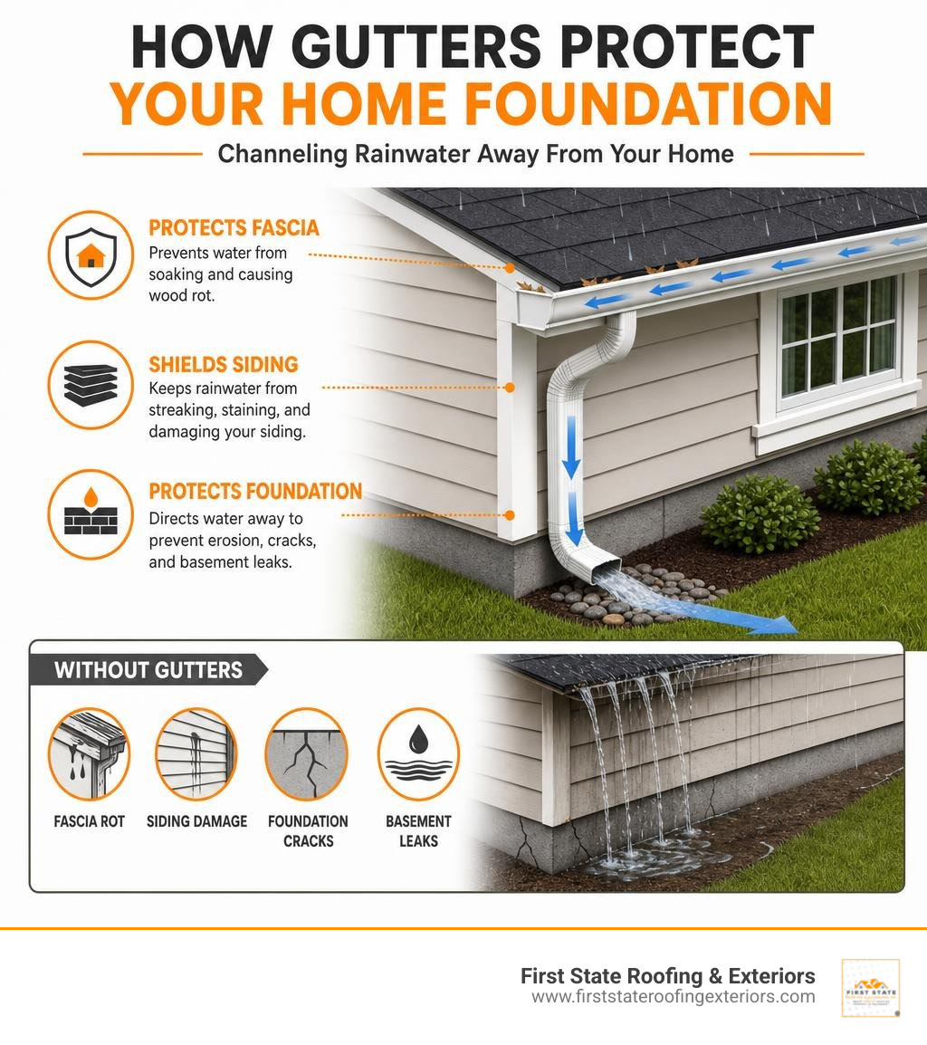 Infographic showing how gutters protect home foundations by channeling rainwater away from fascia, siding, and foundation Infographic showing how gutters protect home foundations by channeling rainwater away from fascia, siding, and foundation