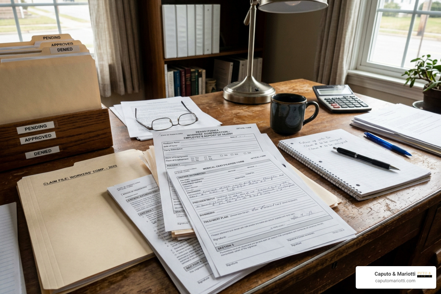 Medical documentation and Pennsylvania workers' compensation claim forms on a desk Medical documentation and Pennsylvania workers' compensation claim forms on a desk