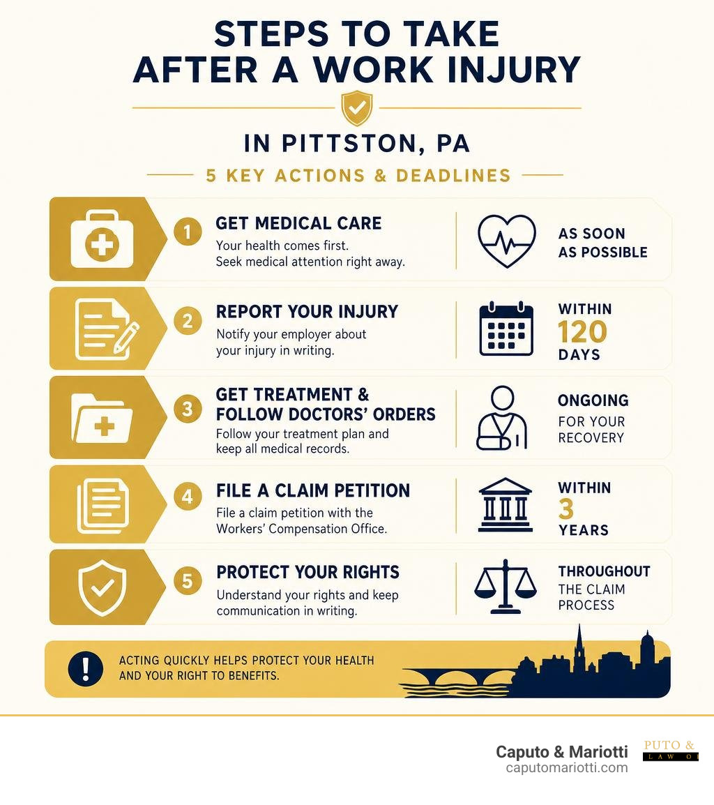 Steps to take after a work injury in Pittston PA - infographic with 5 key actions and deadlines infographic Steps to take after a work injury in Pittston PA - infographic with 5 key actions and deadlines infographic