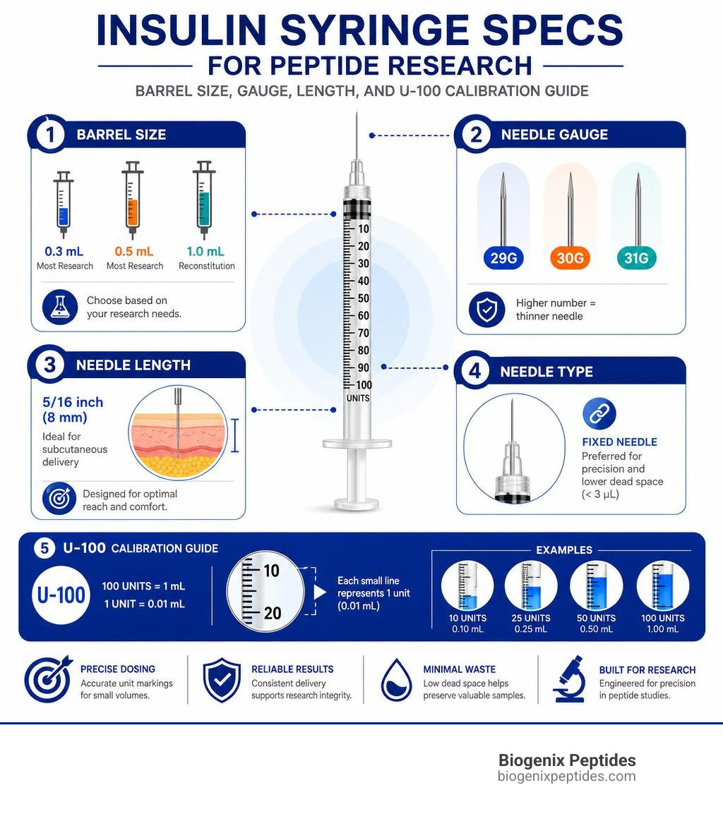 Infographic: insulin syringe specs for peptide research — barrel size, gauge, length, and U-100 calibration guide infographic