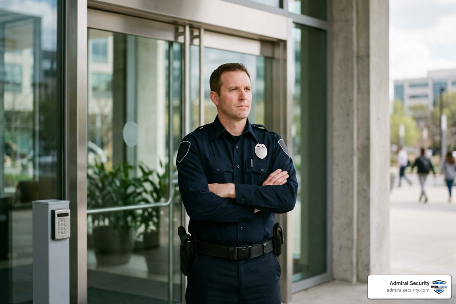 Professional security officer with a blurred badge standing near a secure commercial entrance