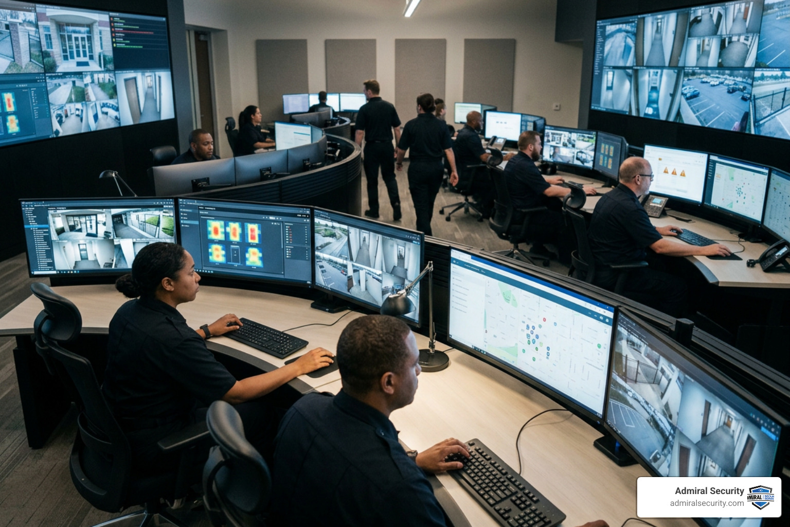 Professional security operations center monitoring integrated access control and video feeds