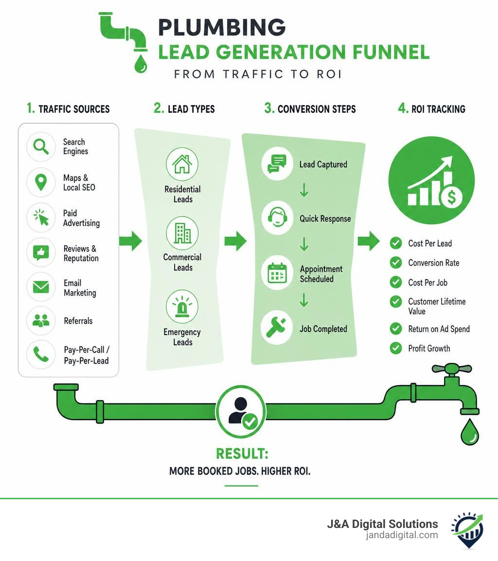 Plumbing lead generation funnel showing traffic sources, lead types, conversion steps, and ROI tracking infographic