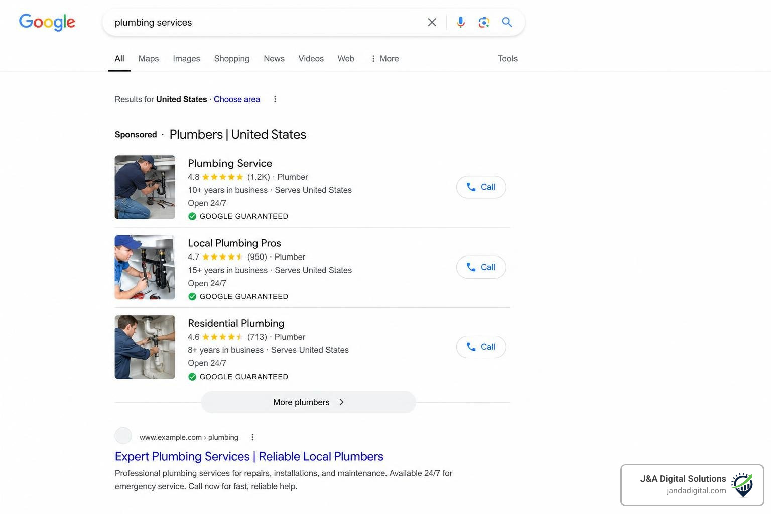 Google search results showing Google Guaranteed badge for plumbing ads