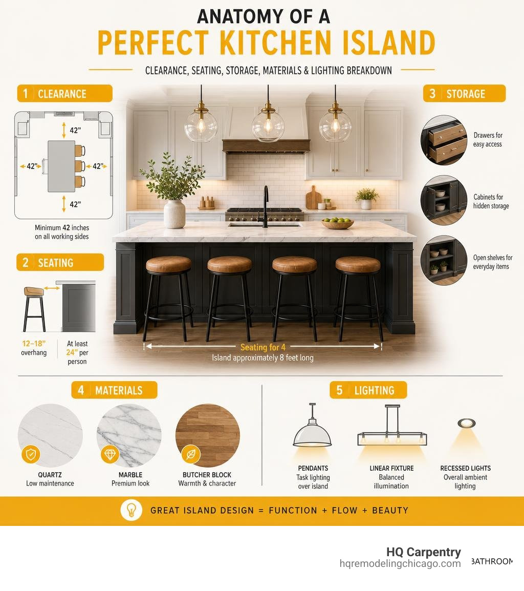 Anatomy of a perfect kitchen island: clearance, seating, storage, materials, and lighting breakdown infographic Anatomy of a perfect kitchen island: clearance, seating, storage, materials, and lighting breakdown infographic