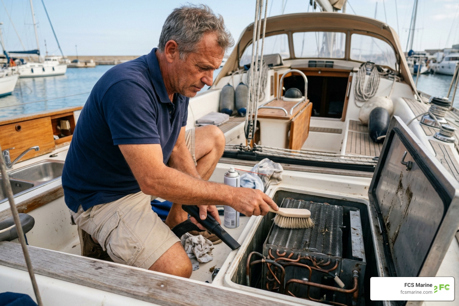 boat owner cleaning marine refrigerator condenser coils