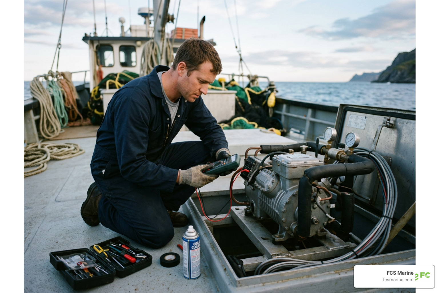 professional marine refrigeration repair technician inspecting boat compressor