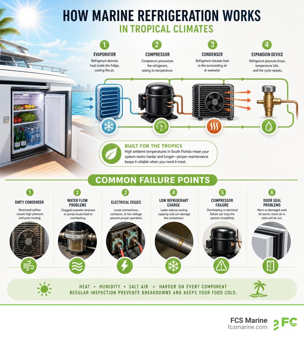 How marine refrigeration works in tropical climates and common failure points infographic