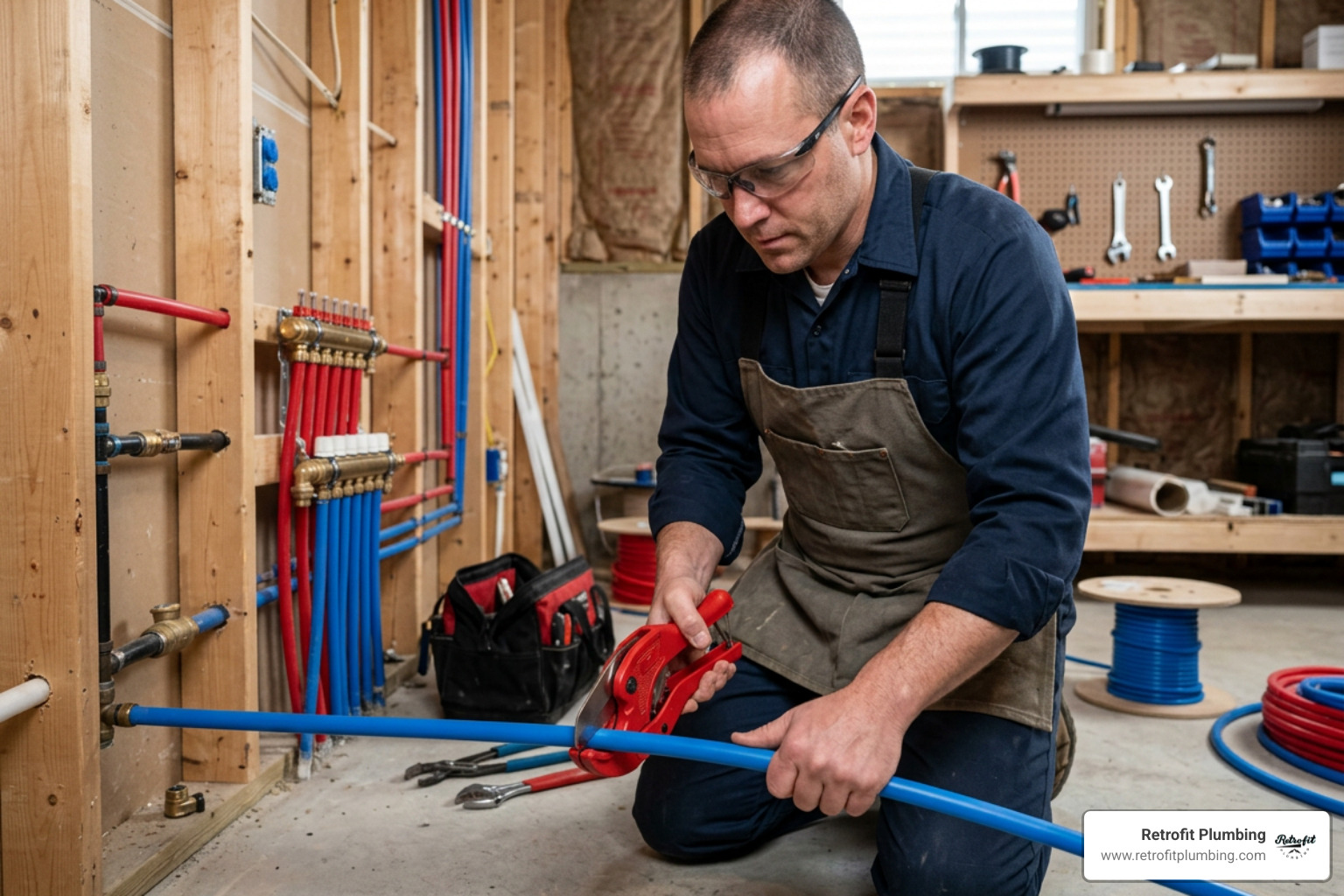 Plumber cutting PEX tubing squarely Plumber cutting PEX tubing squarely