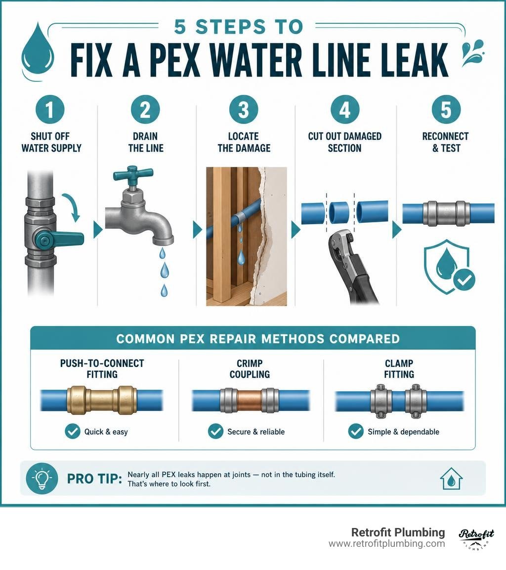 Infographic showing 5 steps to fix a PEX water line leak with common repair methods compared infographic Infographic showing 5 steps to fix a PEX water line leak with common repair methods compared infographic