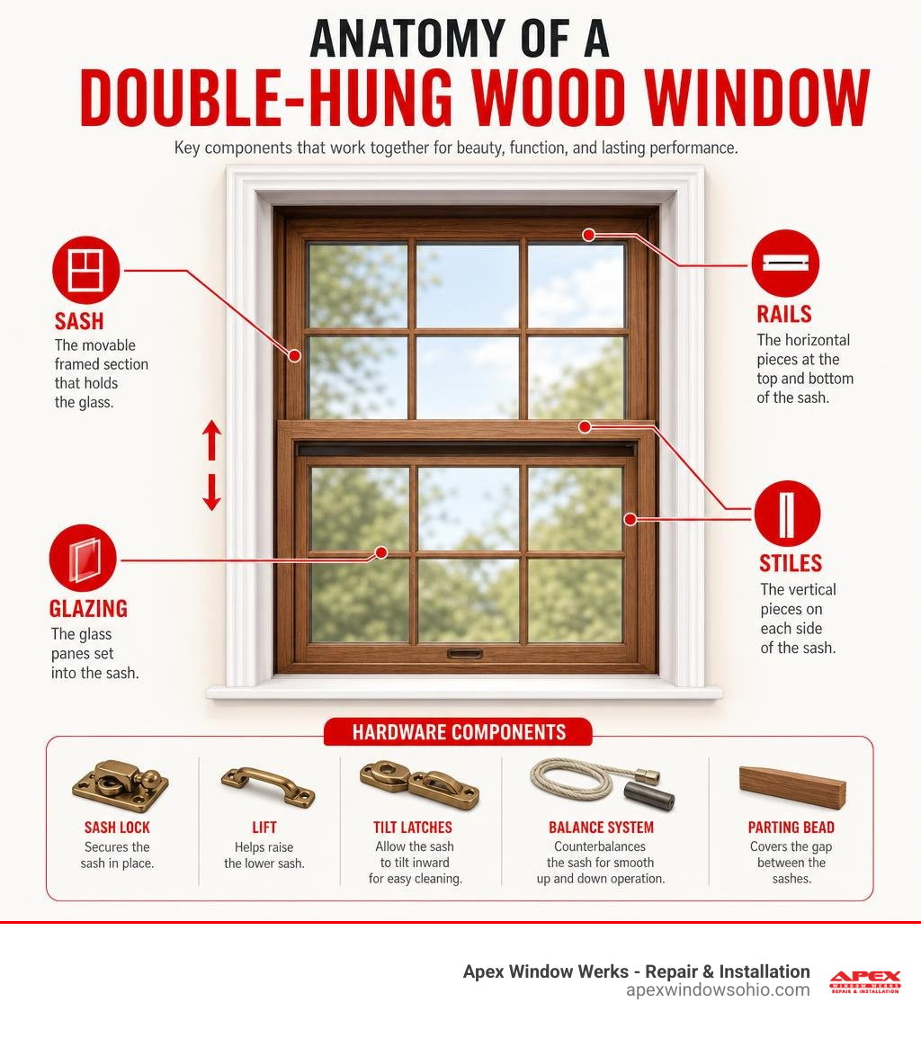 Anatomy of a double-hung wood window showing sash, rails, stiles, glazing, and hardware components infographic Anatomy of a double-hung wood window showing sash, rails, stiles, glazing, and hardware components infographic