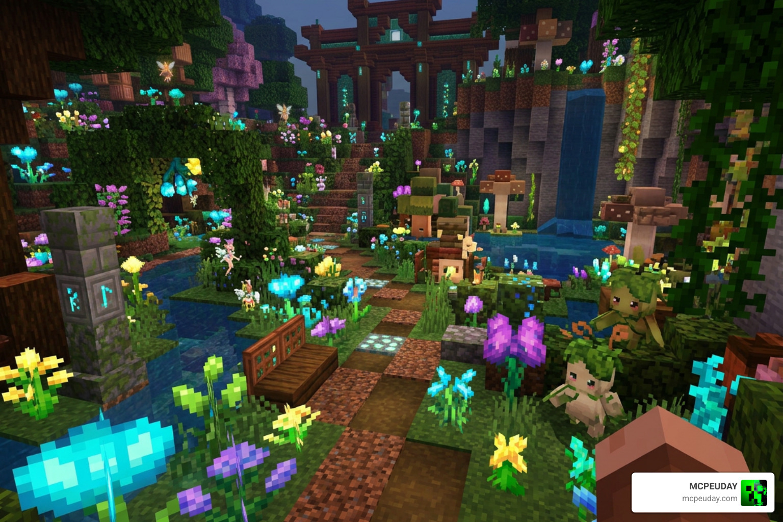 Integrated Minecraft world showing Faye Garden decorations and custom creatures