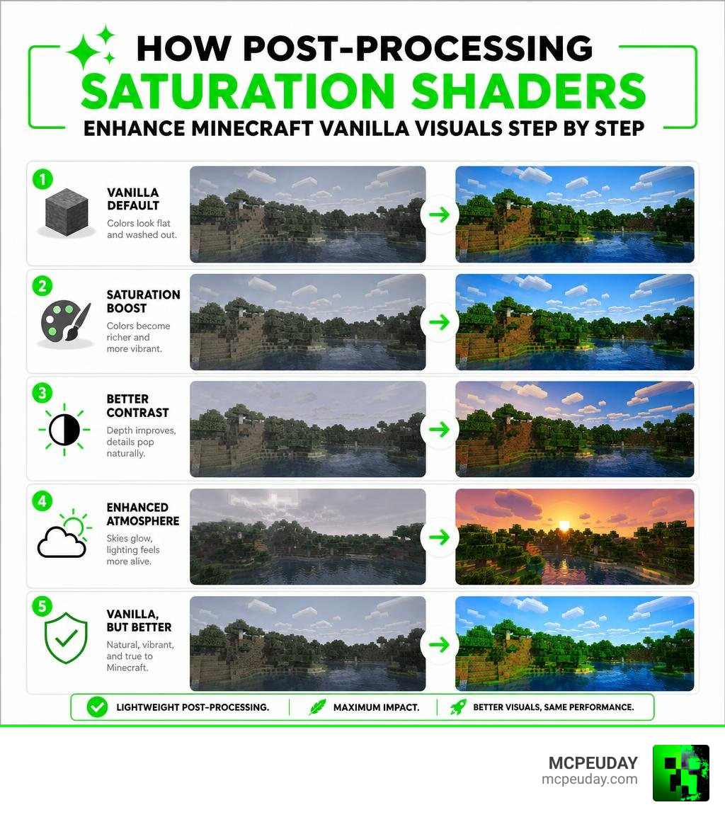 How post-processing saturation shaders enhance Minecraft vanilla visuals step by step infographic How post-processing saturation shaders enhance Minecraft vanilla visuals step by step infographic
