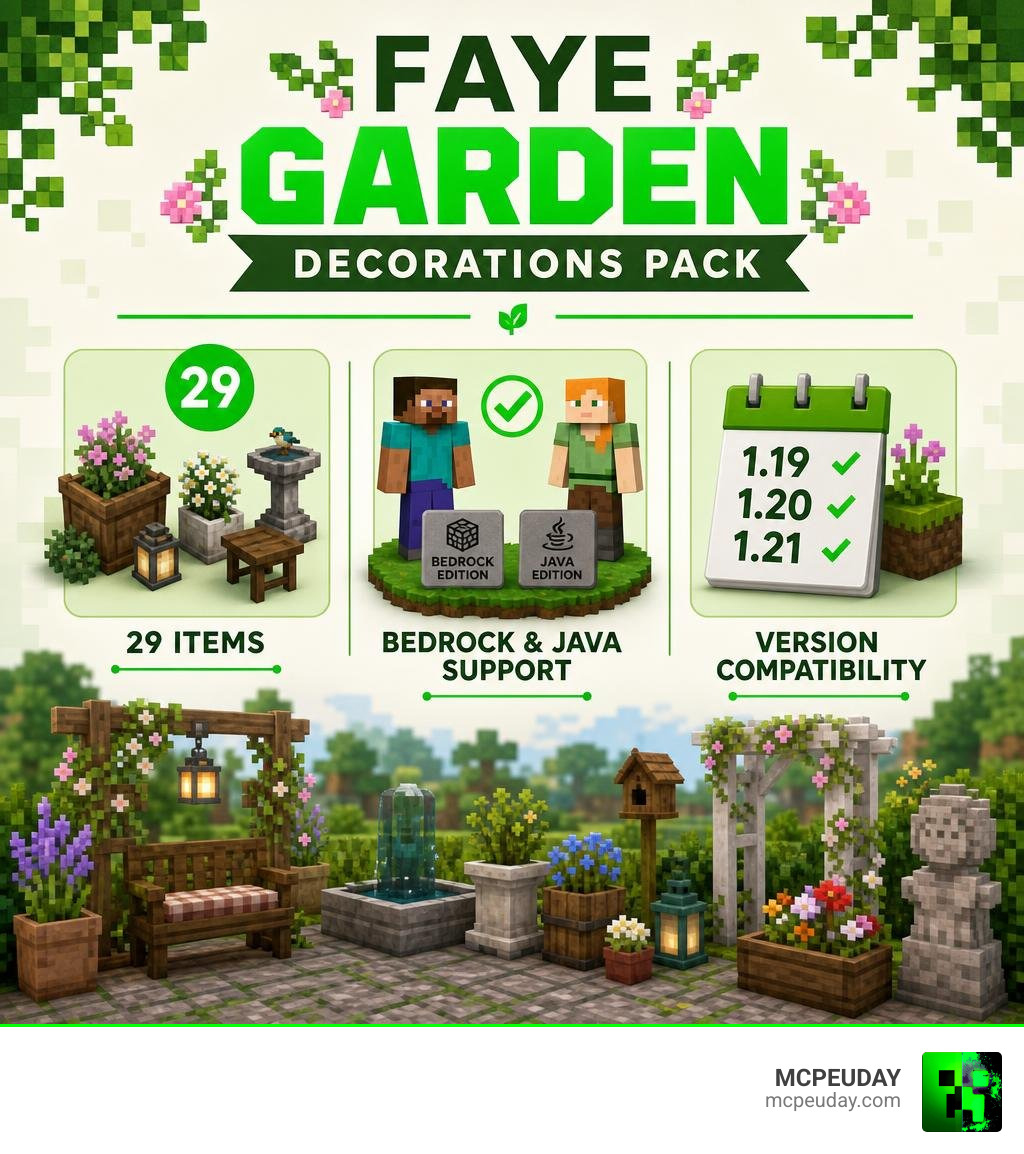 Faye Garden Decorations Pack features: 29 items, Bedrock and Java support, version compatibility infographic