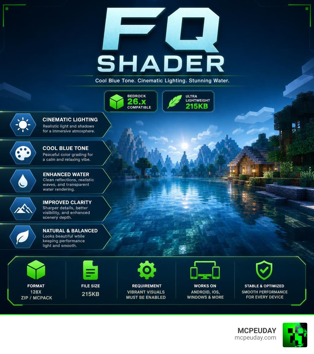 FQ Shader features infographic: cool blue tone, cinematic lighting, water rendering, 215KB, Bedrock 26.x compatible FQ Shader features infographic: cool blue tone, cinematic lighting, water rendering, 215KB, Bedrock 26.x compatible