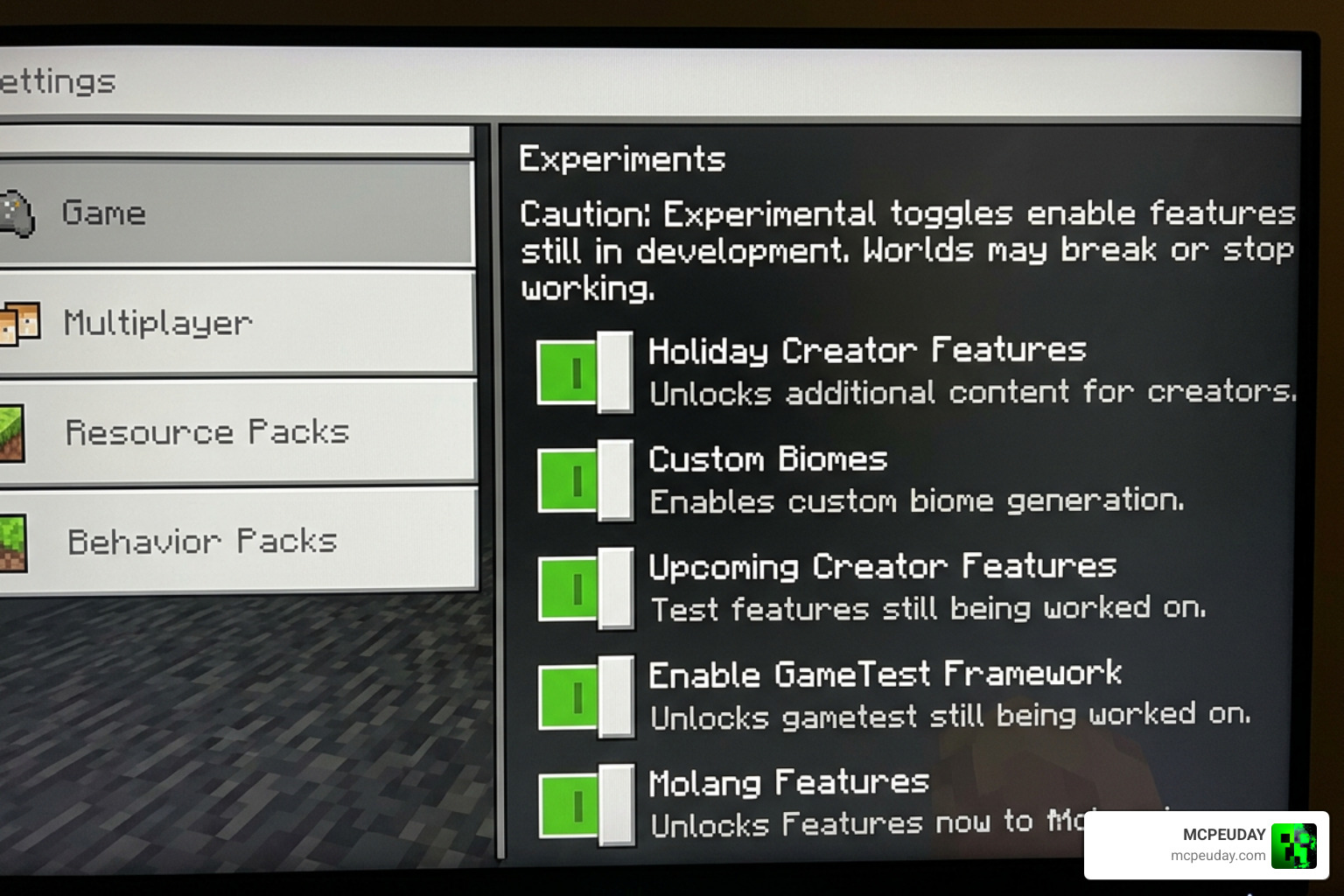 Minecraft Bedrock experimental options enabled