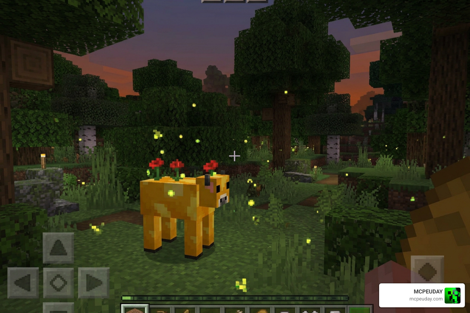 The Lost Mobs Addon gameplay showing the Buttercup Cow and Fireflies The Lost Mobs Addon gameplay showing the Buttercup Cow and Fireflies