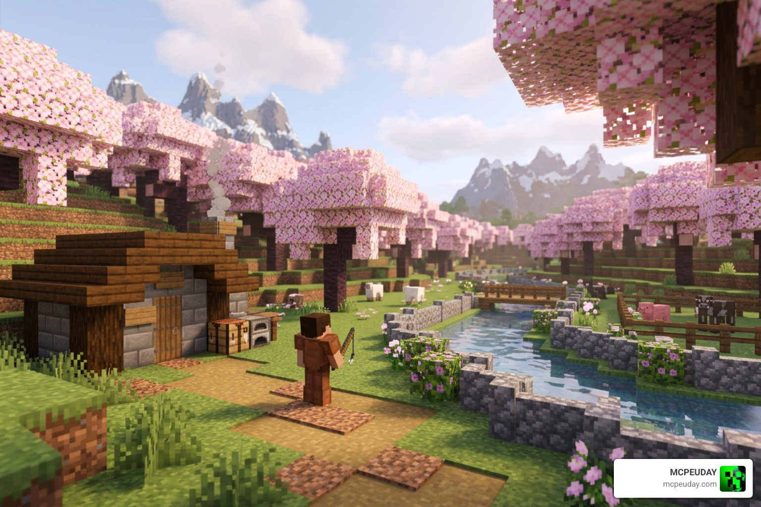 Sakura Prime Shader Minecraft Bedrock soft lighting peaceful atmosphere Sakura Prime Shader Minecraft Bedrock soft lighting peaceful atmosphere