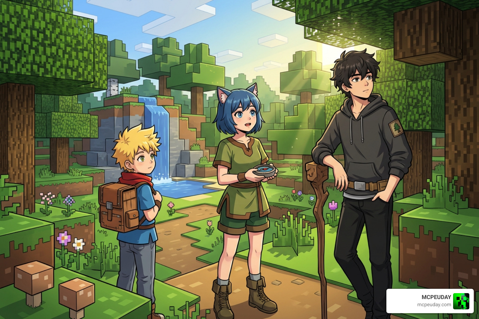 Anime companions standing in a Minecraft forest world Anime companions standing in a Minecraft forest world
