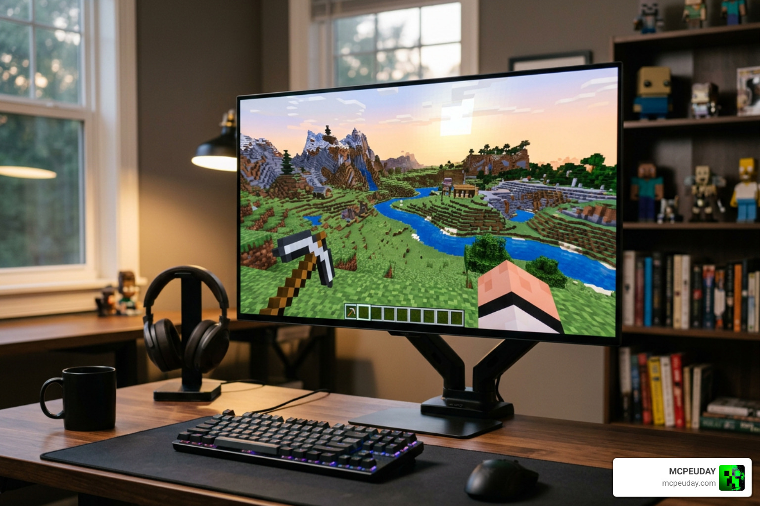 OLED monitor displaying immersive clean Minecraft gameplay with hidden HUD