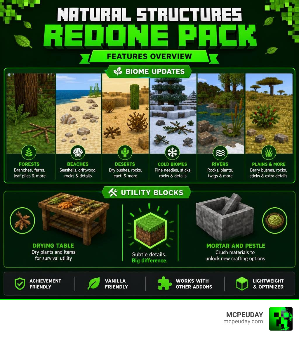 Natural Structures Redone Pack features overview infographic showing biome updates and utility blocks infographic