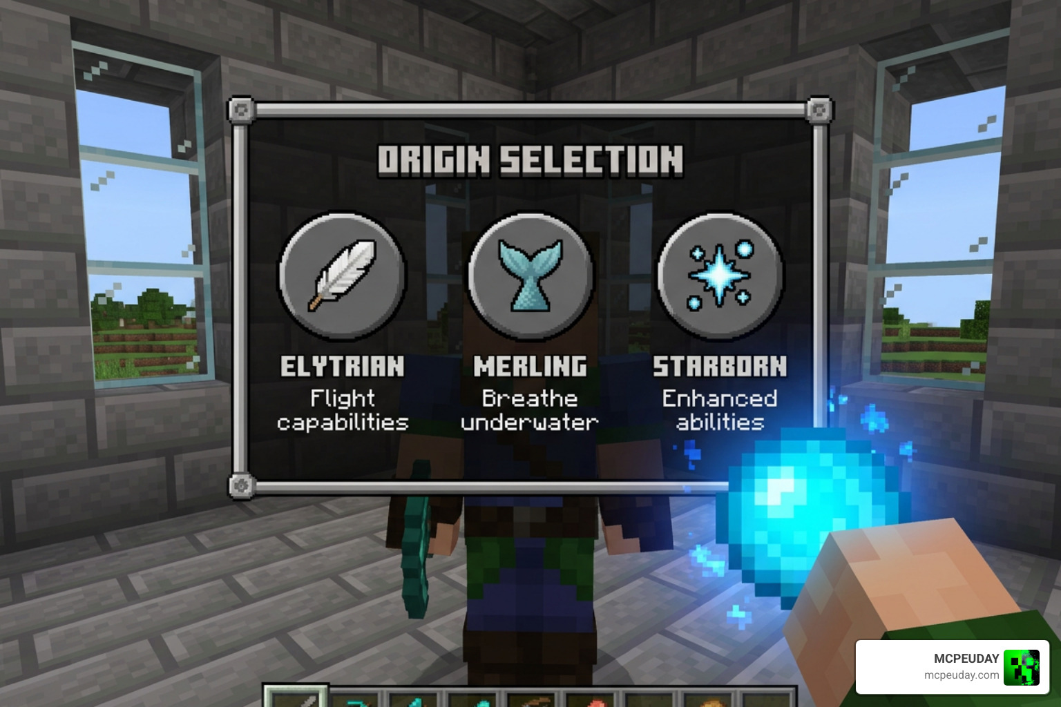 Orb of Origin item being used to change character race in Minecraft PE Orb of Origin item being used to change character race in Minecraft PE