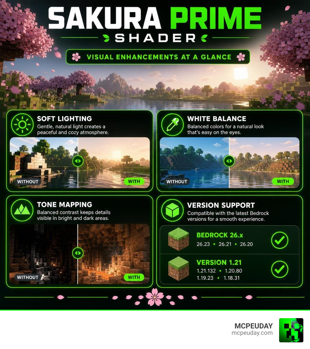 Sakura Prime Shader visual enhancements infographic: soft lighting, white balance, tone mapping, version support infographic Sakura Prime Shader visual enhancements infographic: soft lighting, white balance, tone mapping, version support infographic