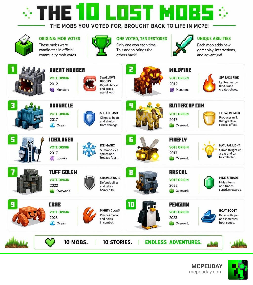 Infographic showing the 10 Lost Mobs, their origins from mob votes, and key abilities in Minecraft PE infographic Infographic showing the 10 Lost Mobs, their origins from mob votes, and key abilities in Minecraft PE infographic