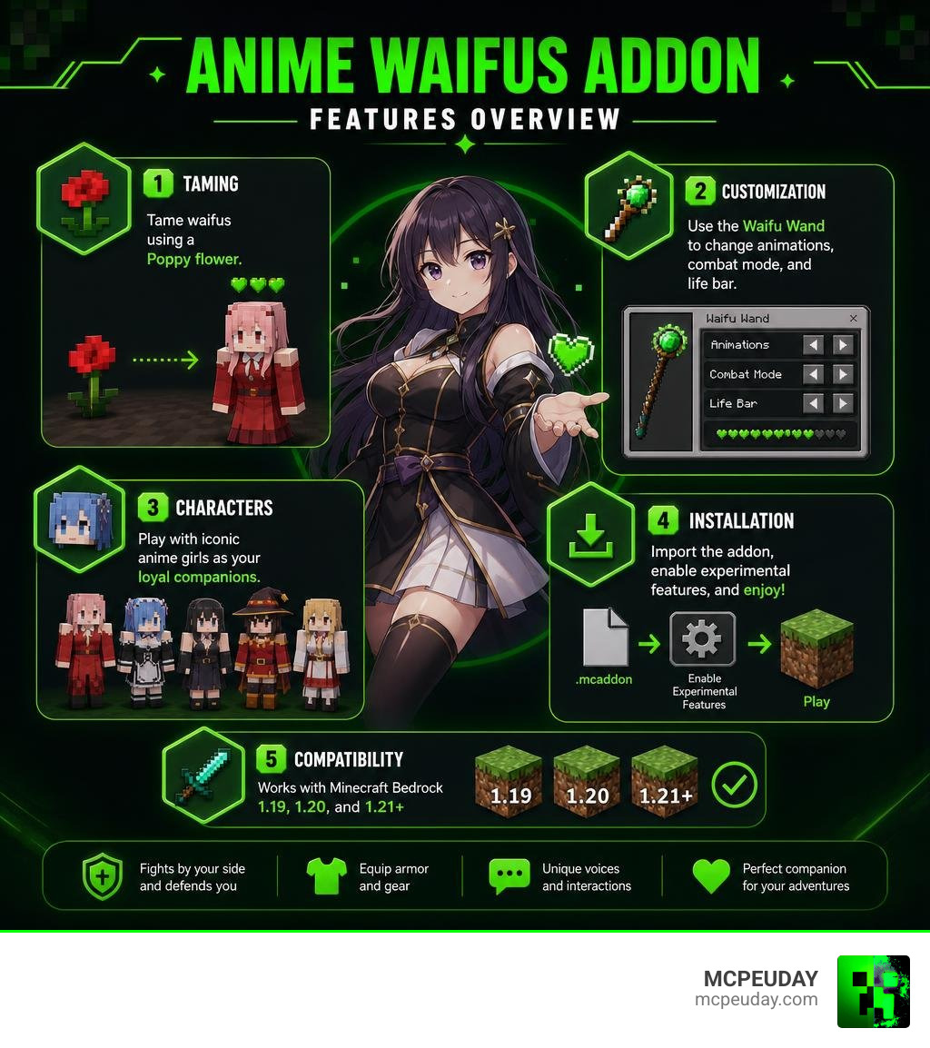 Anime Waifus Addon features overview: taming, customization, characters, installation, and compatibility infographic Anime Waifus Addon features overview: taming, customization, characters, installation, and compatibility infographic