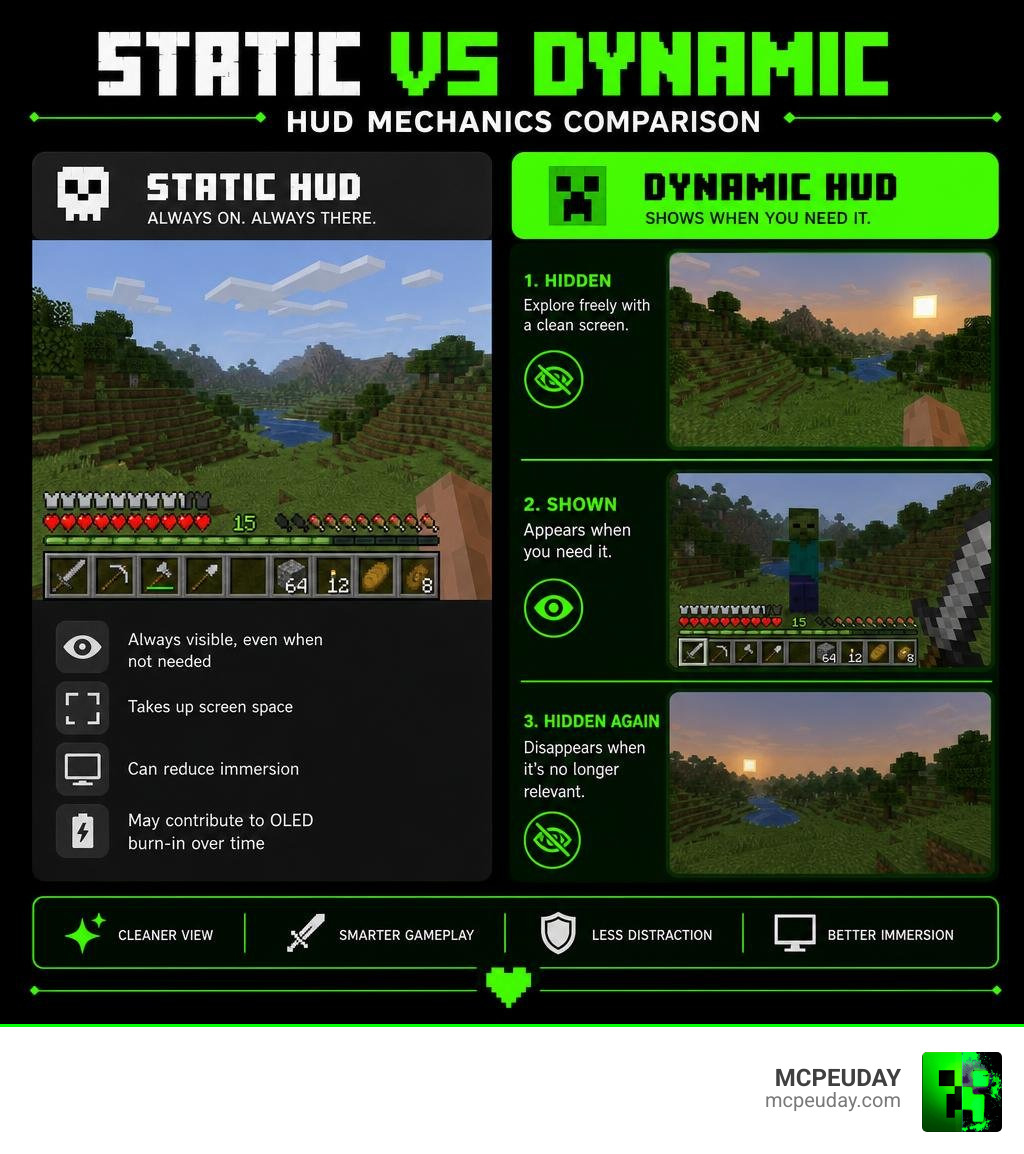 Static vs Dynamic HUD mechanics comparison infographic for Minecraft infographic