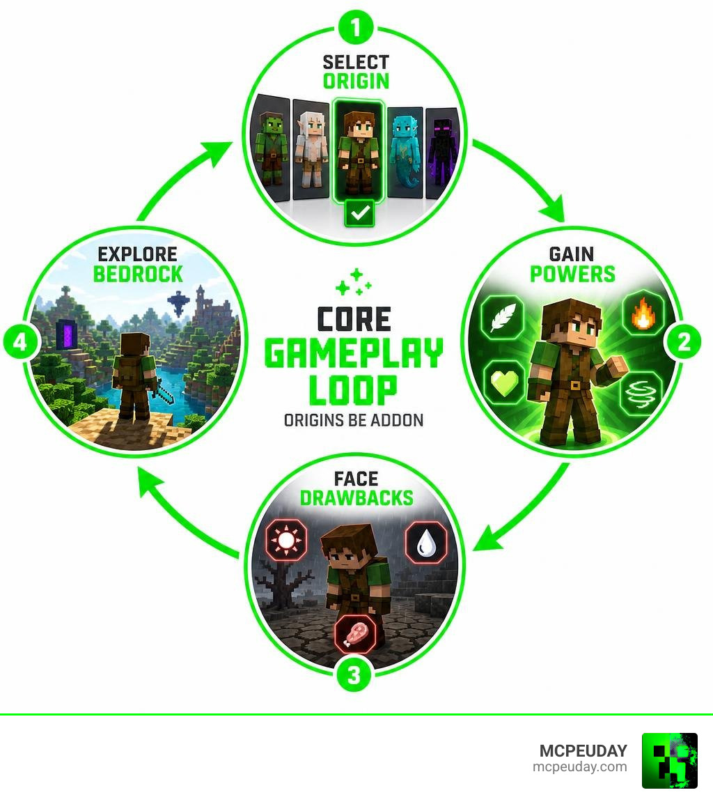 Core gameplay loop of Origins BE Addon: select origin, gain powers, face drawbacks, explore Bedrock infographic Core gameplay loop of Origins BE Addon: select origin, gain powers, face drawbacks, explore Bedrock infographic