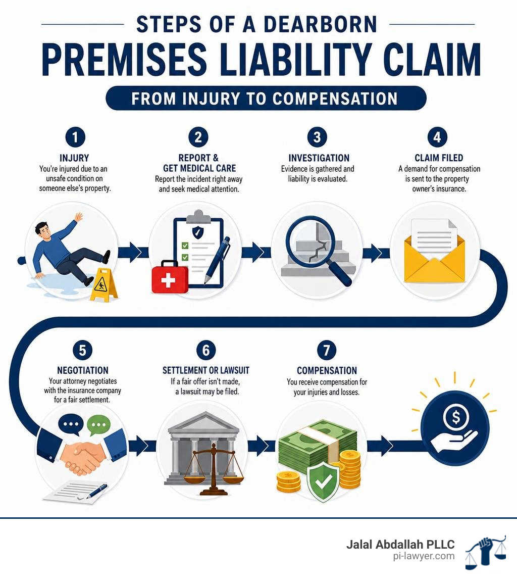 Steps of a Dearborn premises liability claim from injury to compensation infographic Steps of a Dearborn premises liability claim from injury to compensation infographic