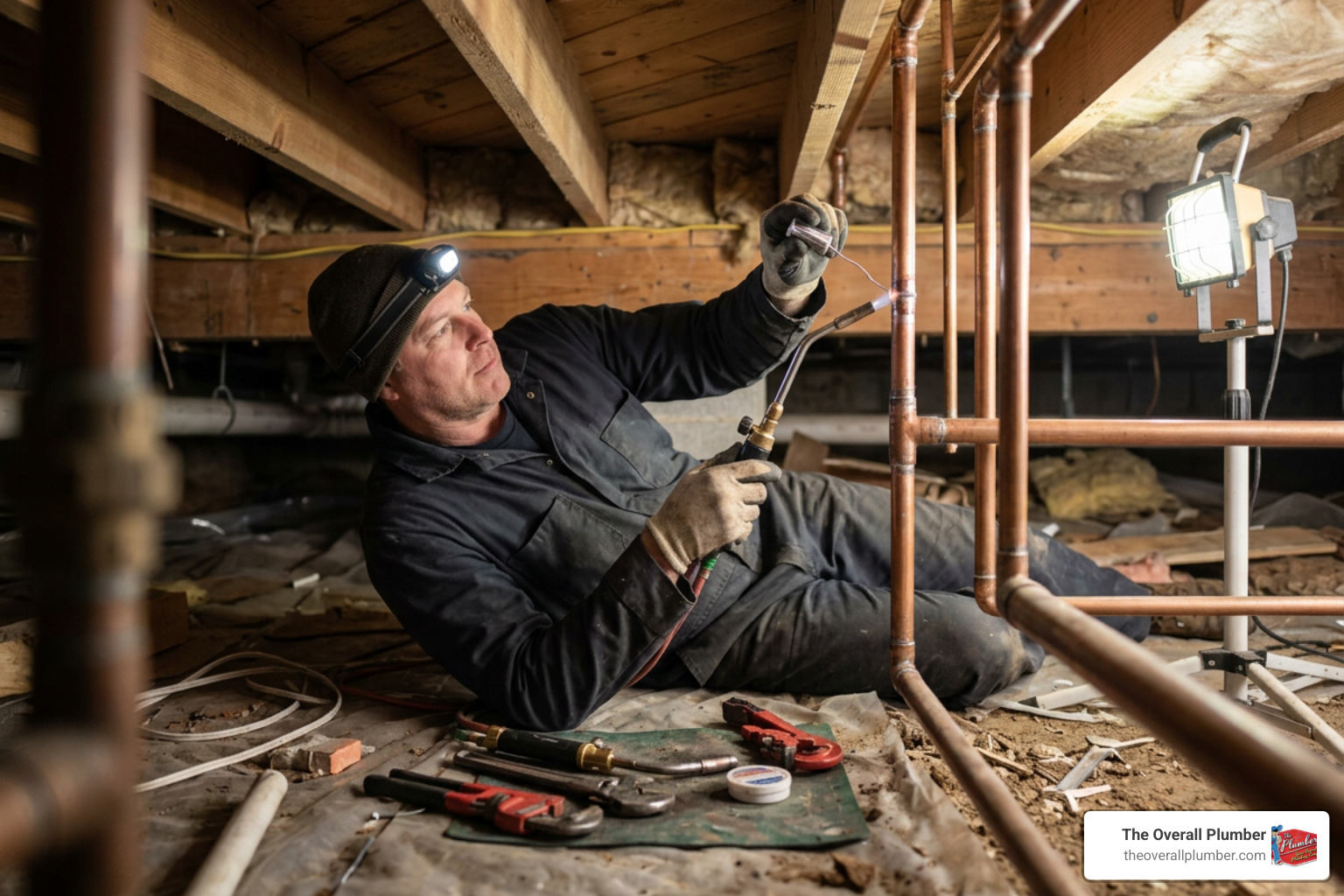 plumber repairing a copper pipe in a home crawlspace plumber repairing a copper pipe in a home crawlspace