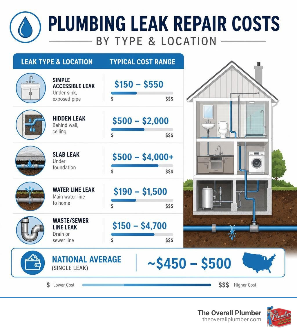 Infographic showing breakdown of plumbing leak repair costs by type and location infographic Infographic showing breakdown of plumbing leak repair costs by type and location infographic