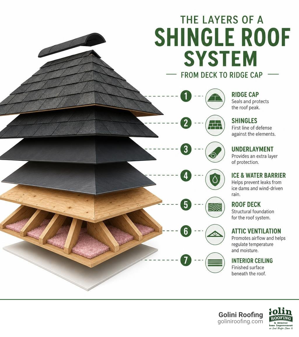 Infographic showing the layers of a shingle roof system from deck to ridge cap infographic Infographic showing the layers of a shingle roof system from deck to ridge cap infographic