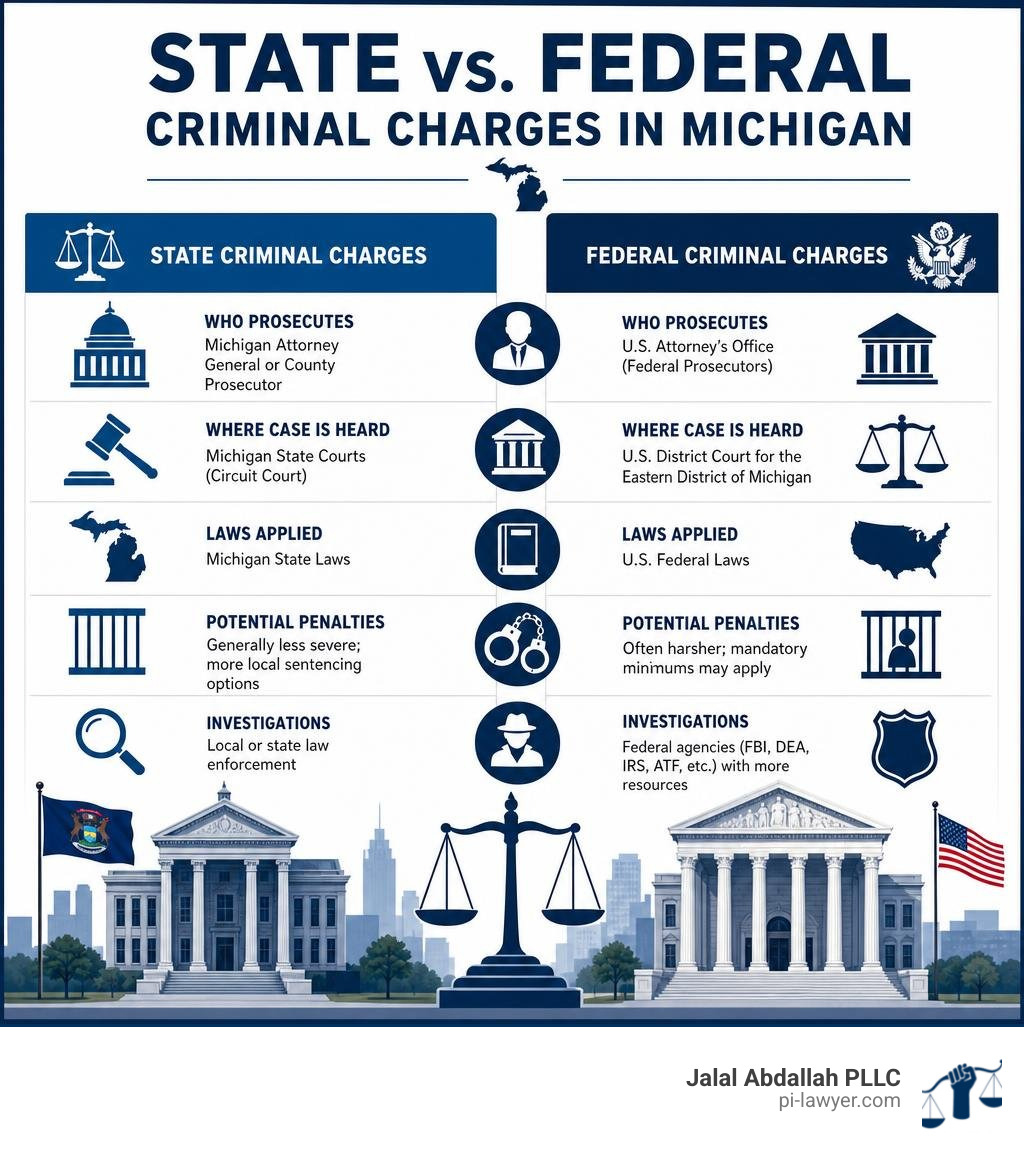 Infographic showing key differences between state and federal criminal charges in Michigan infographic Infographic showing key differences between state and federal criminal charges in Michigan infographic