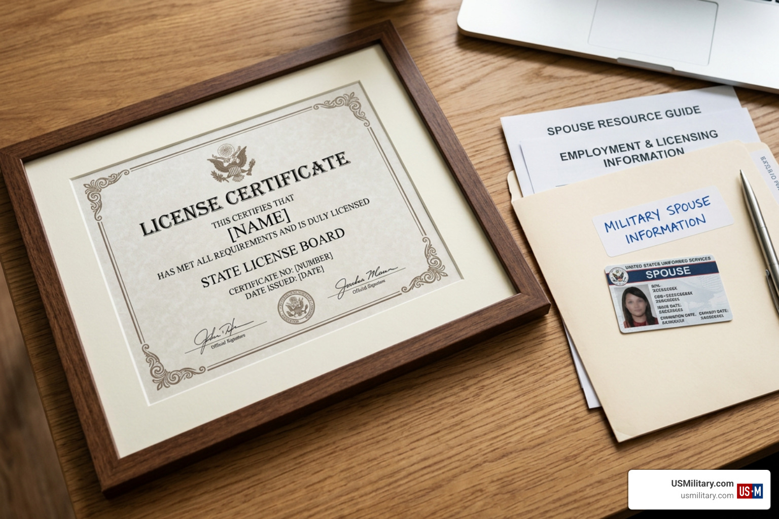 Professional license certification document next to military spouse paperwork Professional license certification document next to military spouse paperwork