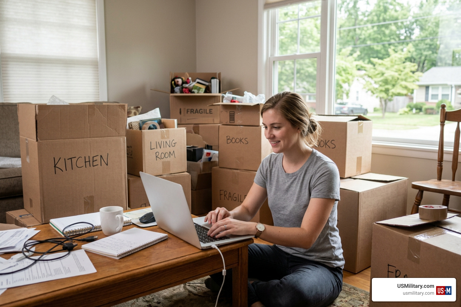 military spouse working on laptop during PCS move military spouse working on laptop during PCS move