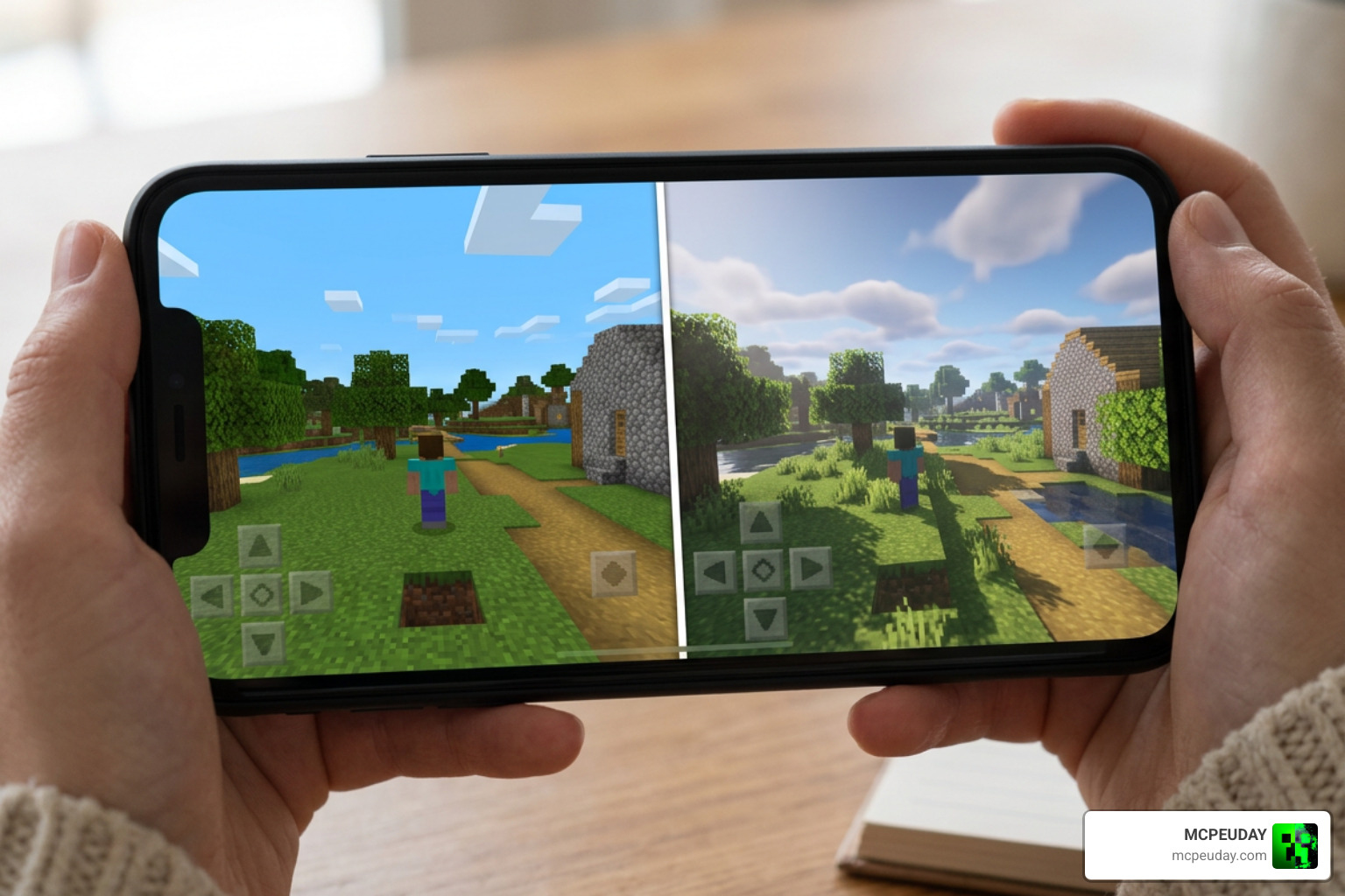 A side-by-side comparison of Minecraft PE vanilla graphics versus realistic RenderDragon shaders A side-by-side comparison of Minecraft PE vanilla graphics versus realistic RenderDragon shaders