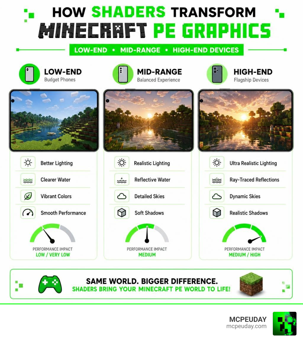 Infographic showing how shaders change Minecraft PE graphics across low, mid, and high-end devices infographic Infographic showing how shaders change Minecraft PE graphics across low, mid, and high-end devices infographic