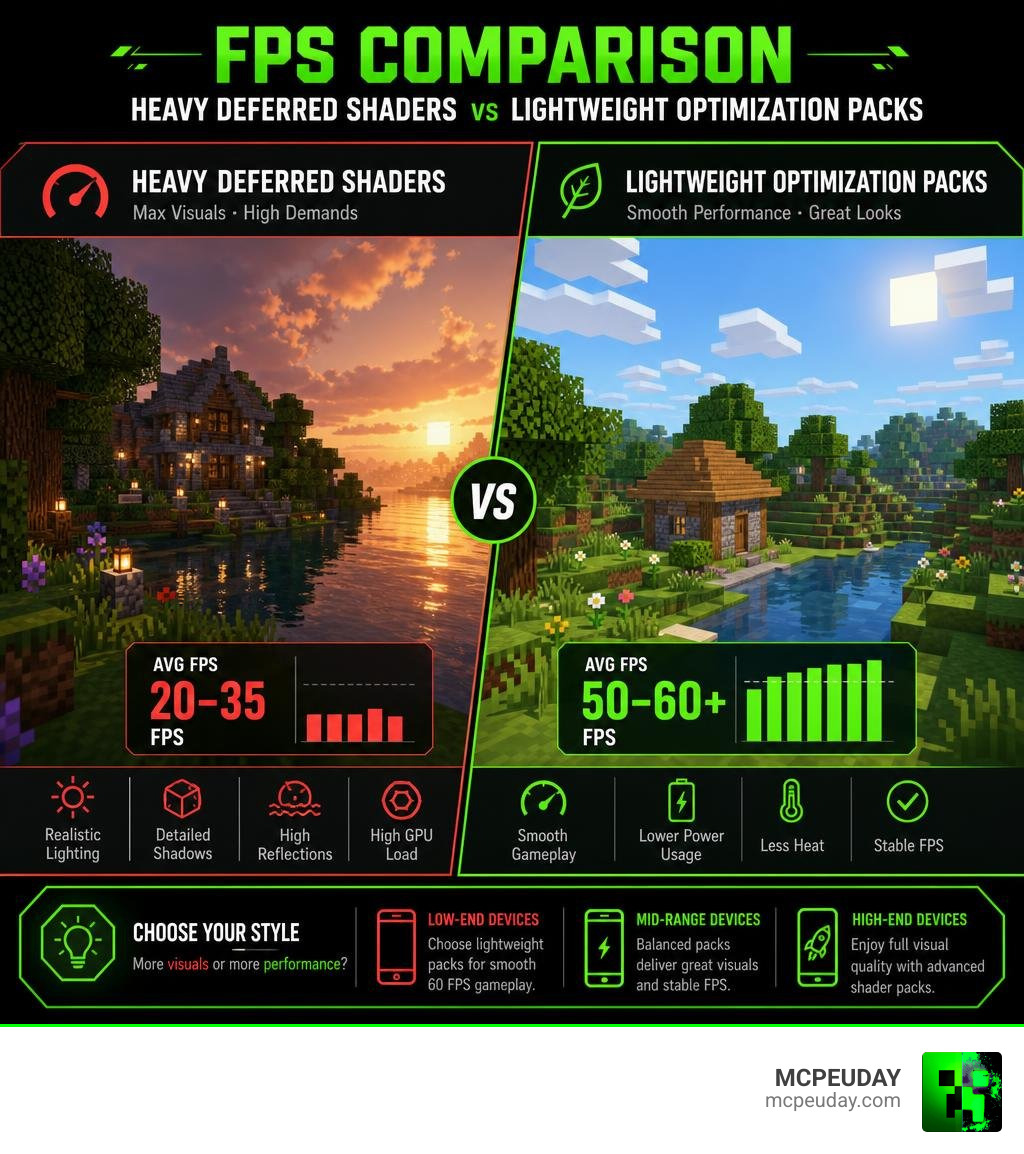 Comparison infographic showing the FPS difference between heavy deferred shaders and lightweight optimization packs Comparison infographic showing the FPS difference between heavy deferred shaders and lightweight optimization packs