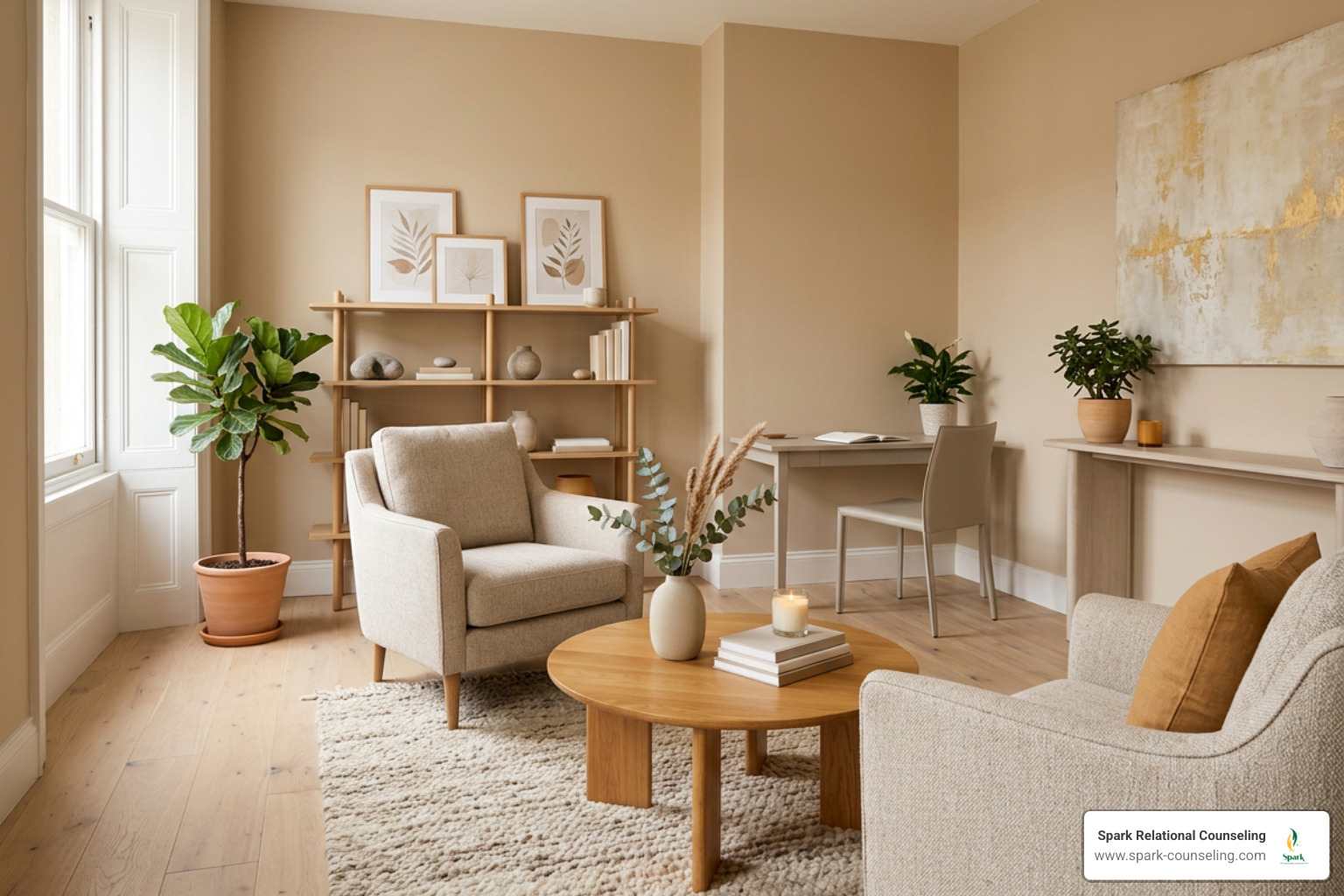 Warm elegant therapy room with soft neutral tones for dating counseling support Warm elegant therapy room with soft neutral tones for dating counseling support
