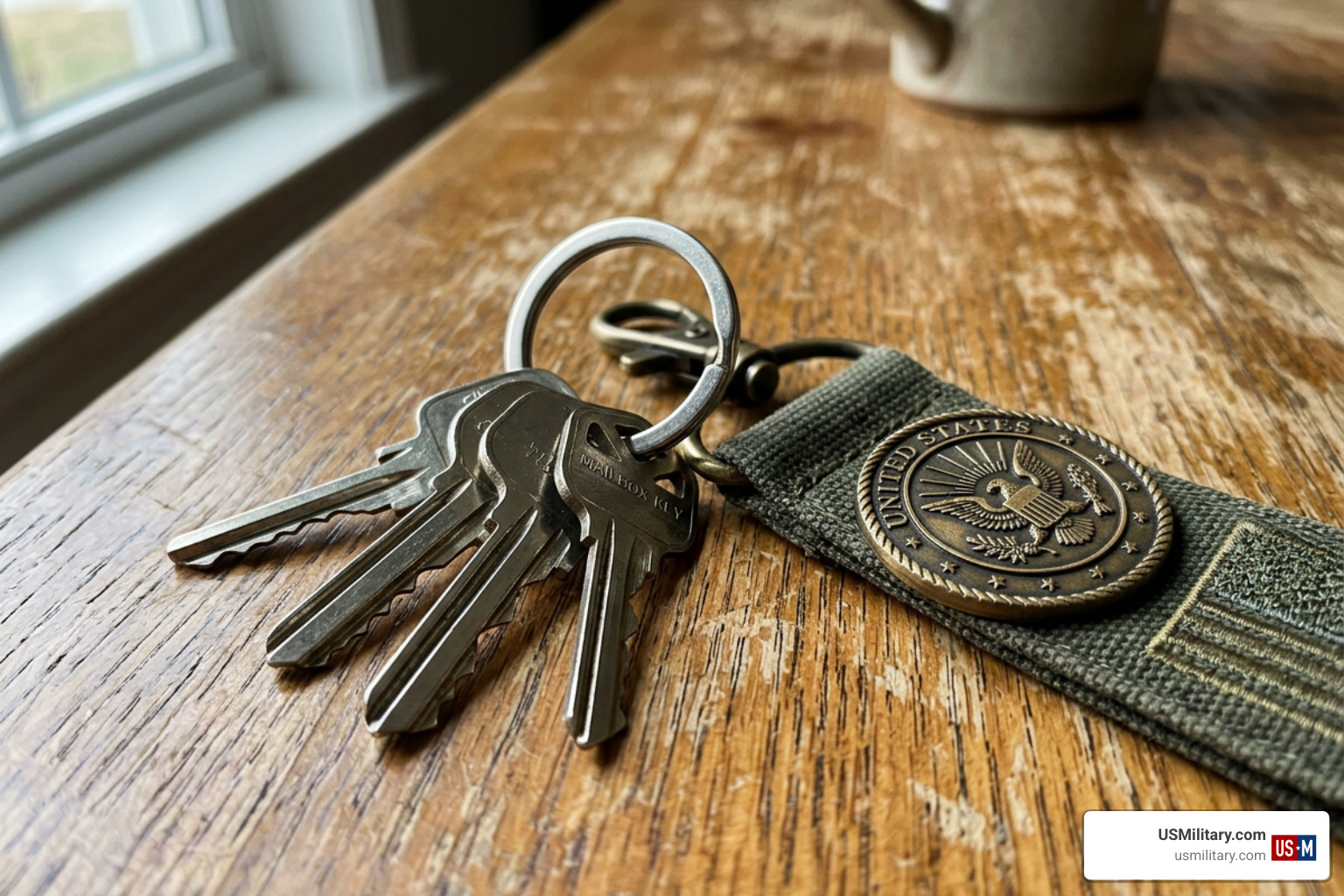 house keys with a military keychain