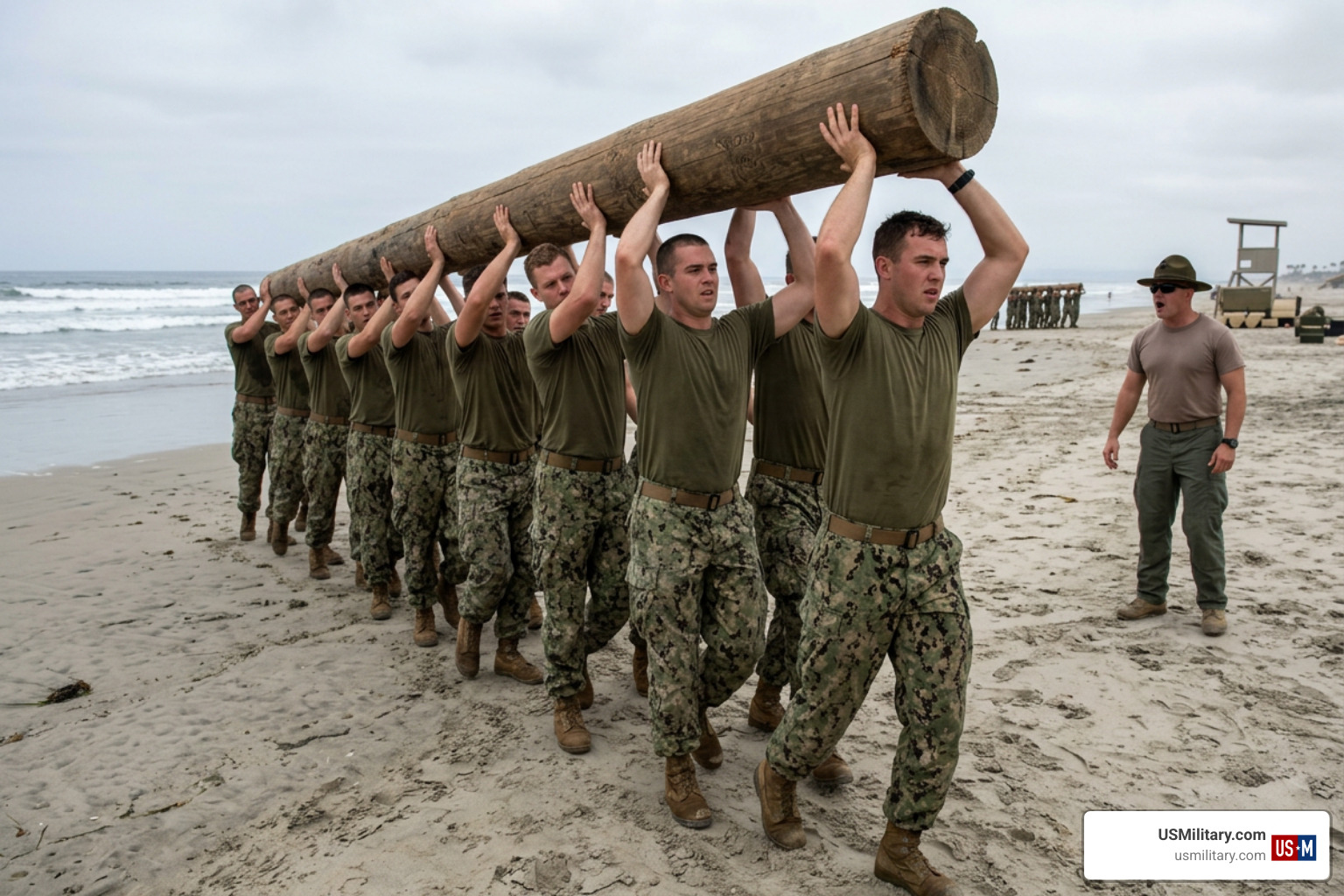 U.S. Navy SEAL candidates carrying heavy logs during the grueling First Phase of BUD/S training