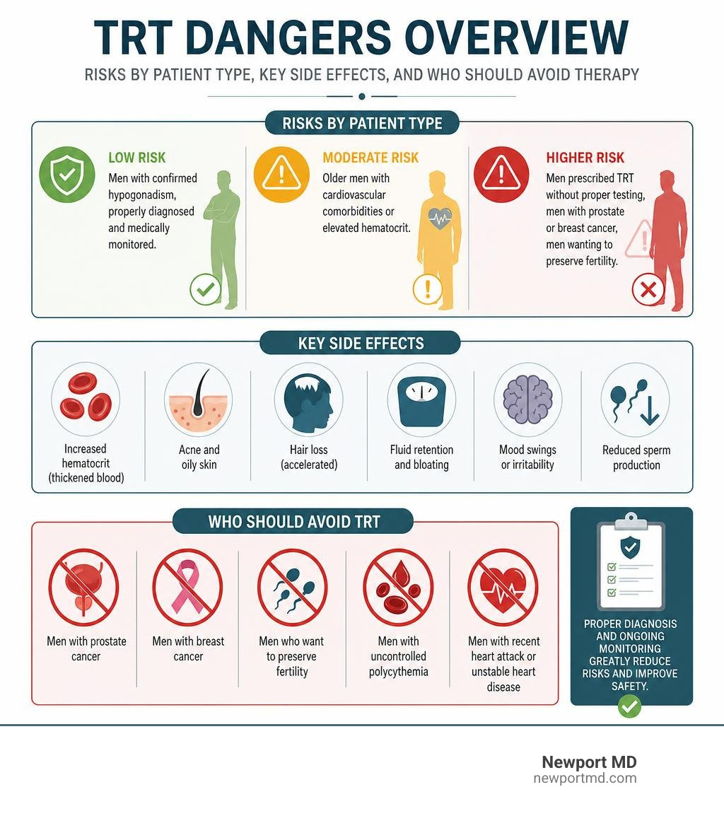 TRT dangers overview infographic: risks by patient type, key side effects, and who should avoid therapy infographic TRT dangers overview infographic: risks by patient type, key side effects, and who should avoid therapy infographic