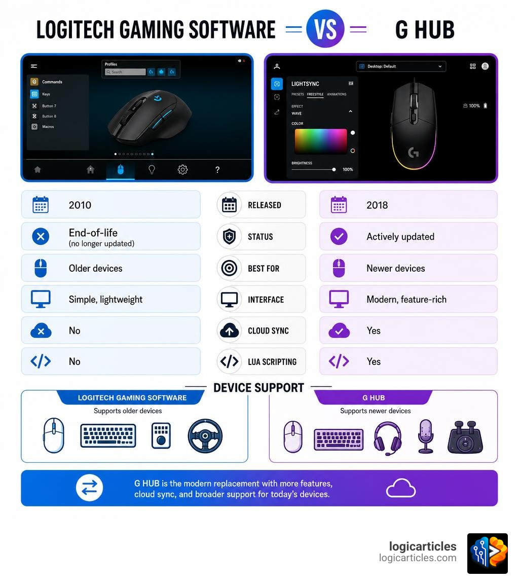 Infographic comparing Logitech Gaming Software vs G HUB features, status, and device support infographic Infographic comparing Logitech Gaming Software vs G HUB features, status, and device support infographic