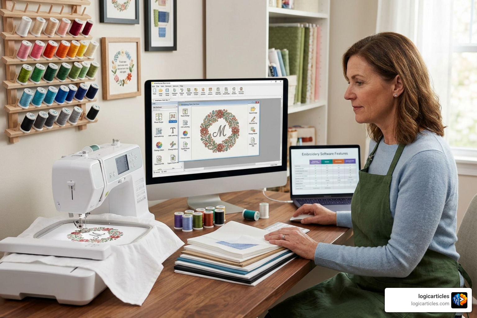 Embrilliance embroidery software on computer next to embroidery machine