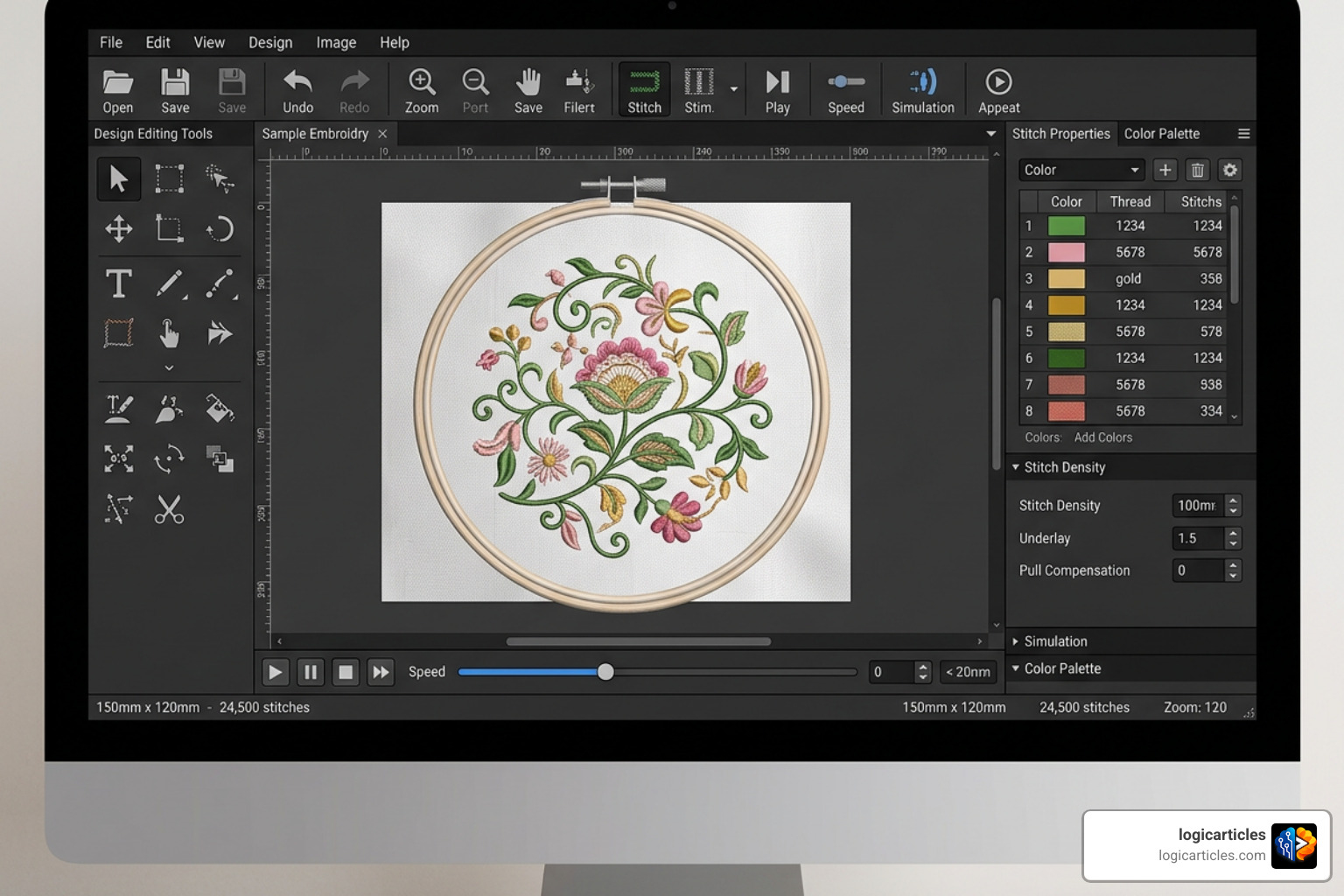 Embrilliance Essentials interface showing editing tools and design customization