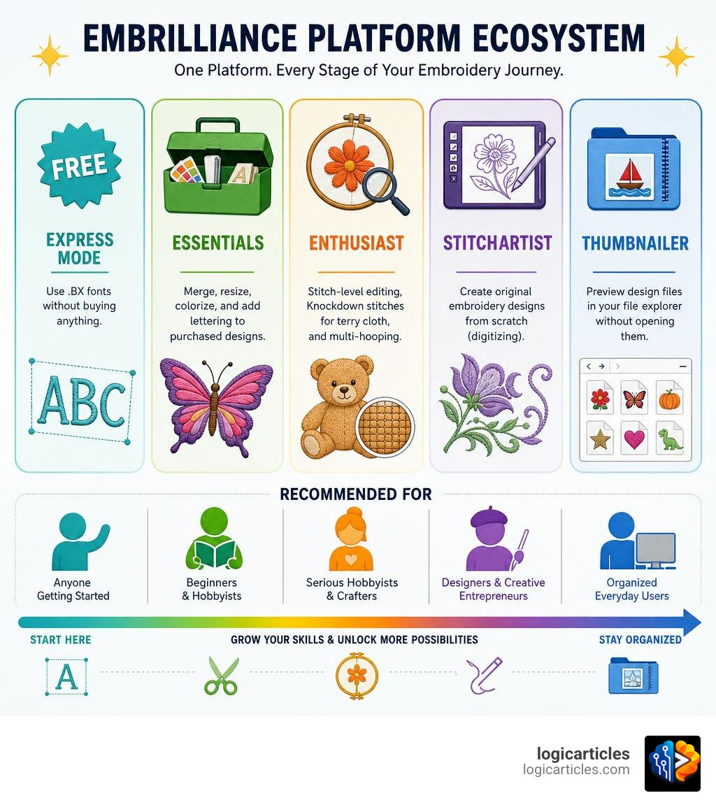 Embrilliance Platform ecosystem infographic showing Express Mode, Essentials, Enthusiast, StitchArtist levels, and