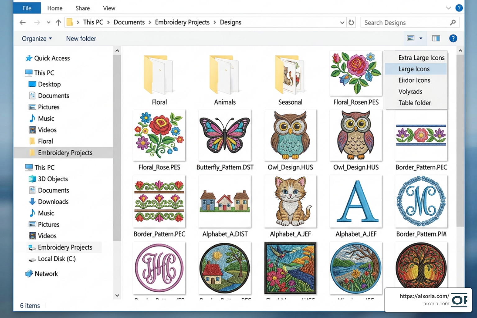 Thumbnailer file explorer preview showing embroidery designs instead of blank icons
